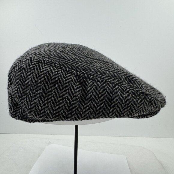 Chaps Mens Herringbone Flat Cap Newsboy Hat Wool Polyester Black Gray S/M - Picture 4 of 8